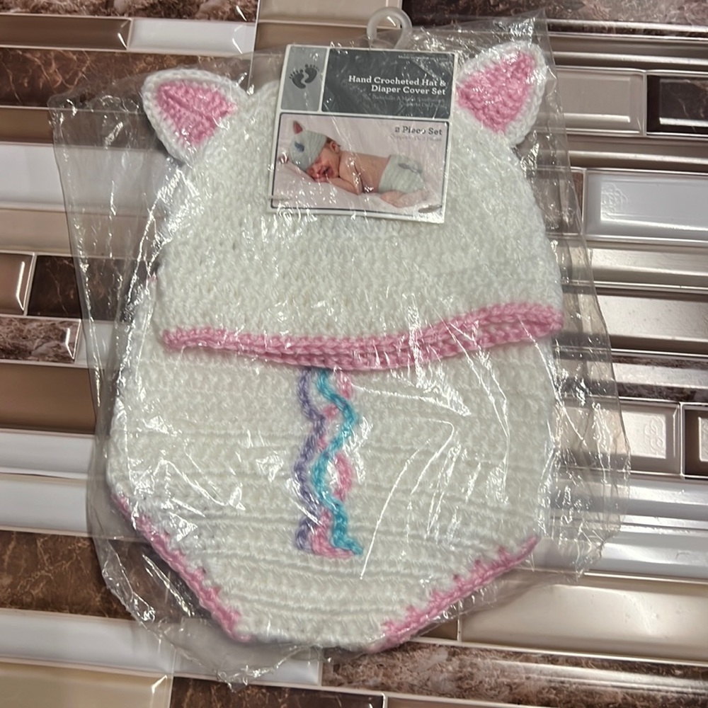 Little white, pink and blue, two-piece hand, crocheted, unicorn diaper cover set